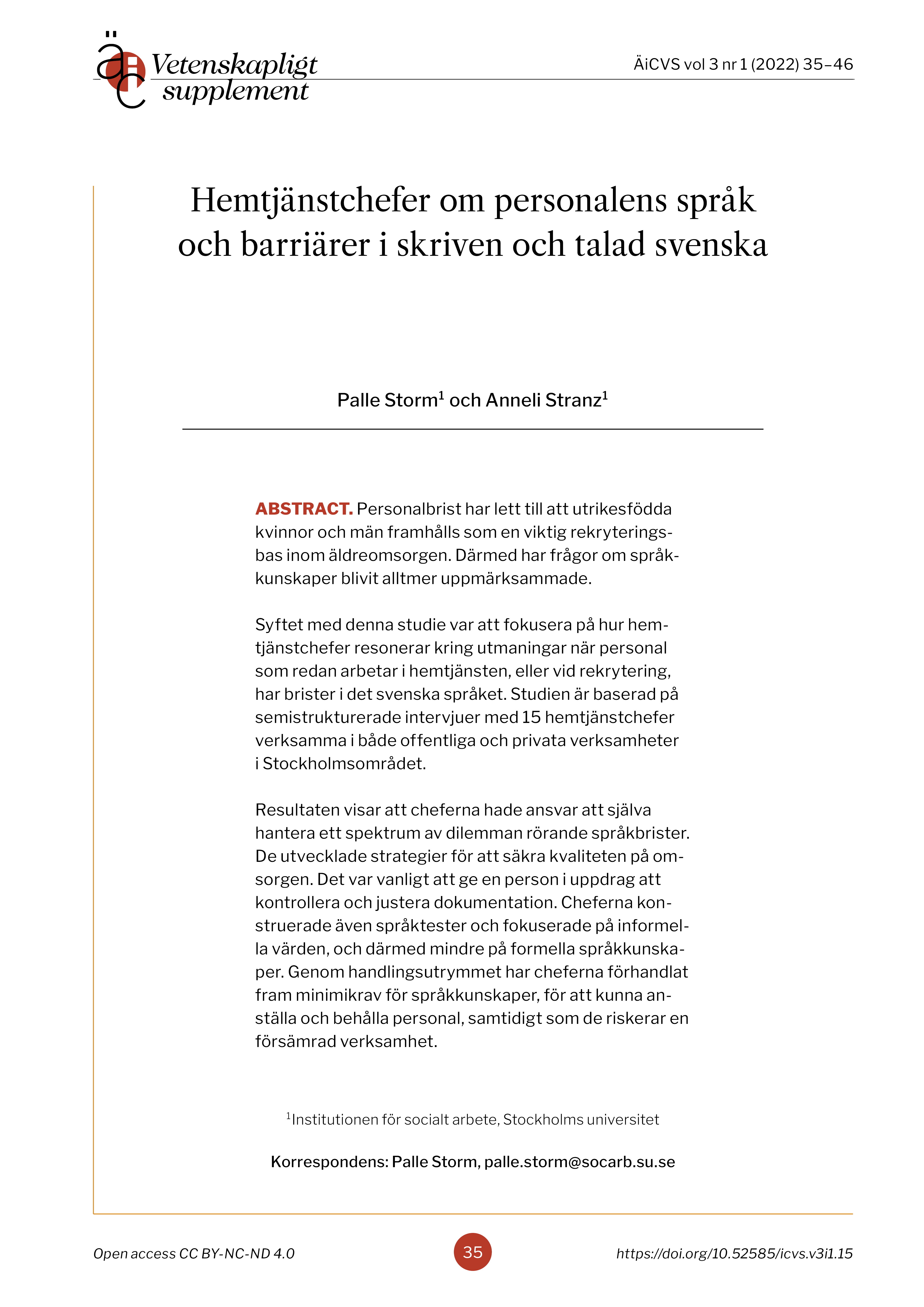Titelsida för Storm och Stranz artikel